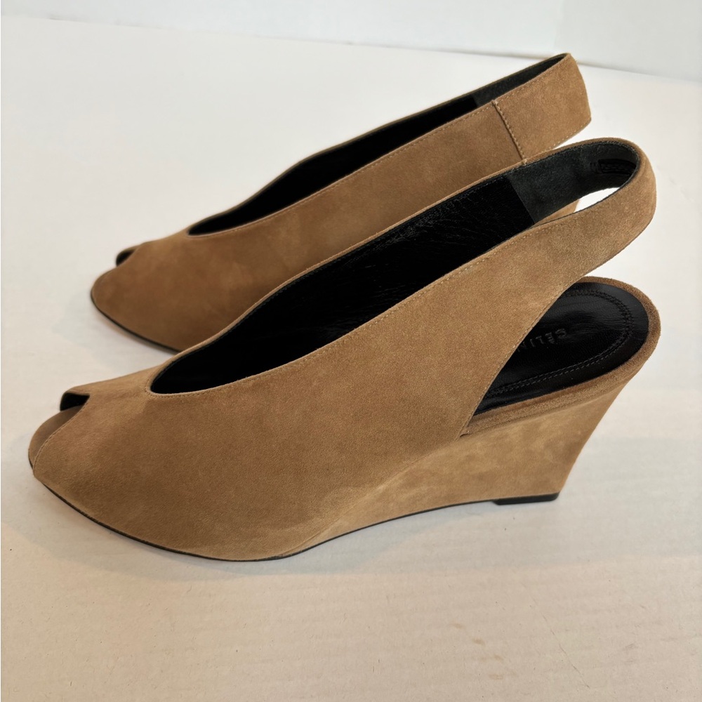 Celine Suede Peep-Toe Slingbacks  | Size 36 | Camel Suede Wedges - Picture 3 of 10